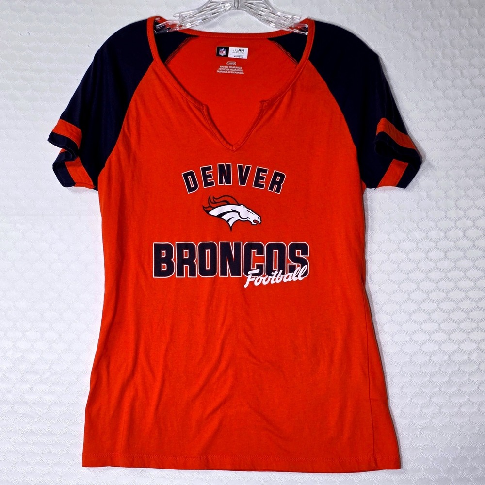 Denver Broncos Orange Navy V-Neck Raglan Shirt NFL Womens Large
